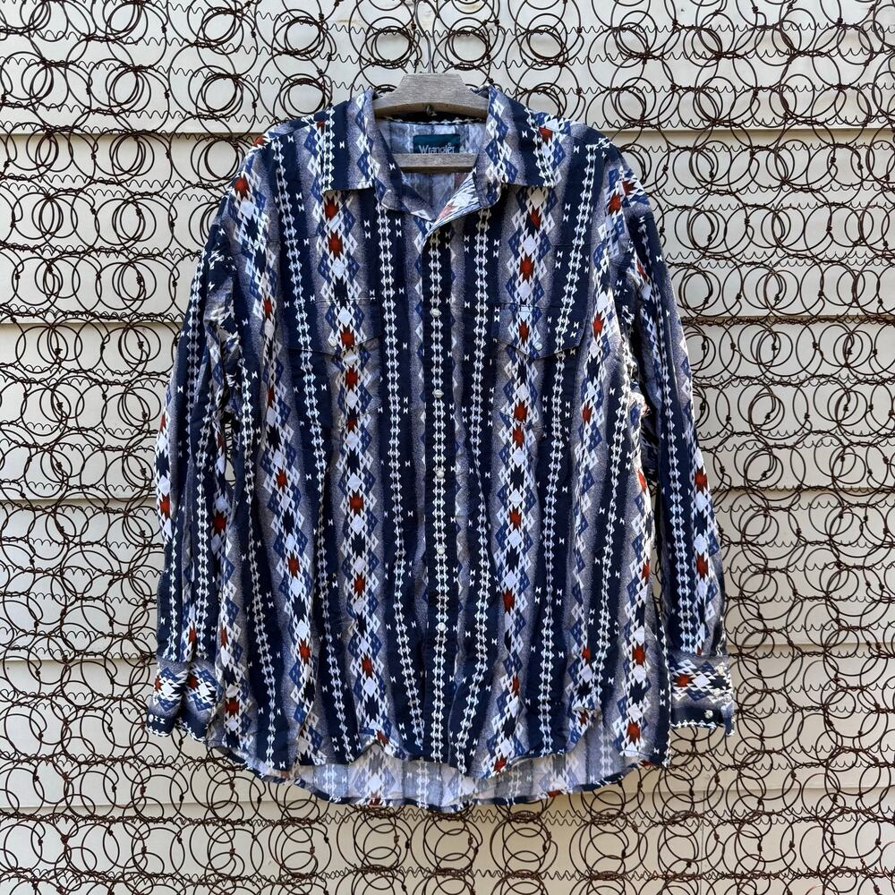 VTG Wrangler Southwestern Aztec Red White Blue Pearl Snap Long Sleeve Shirt XXL